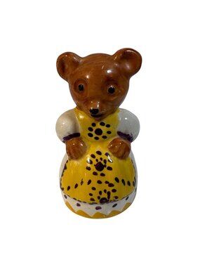 Ceramic Bear Figurine In Yellow Dress Vintage Hand Painted 3" Tall